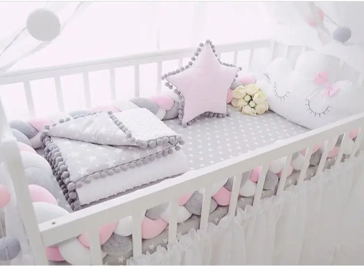 Милые детские бортики для кроватки, вязаные детские подушки, хлопковые бамперы с узлом для новорожденных, безопасные рельсы 1,5 м 2 м