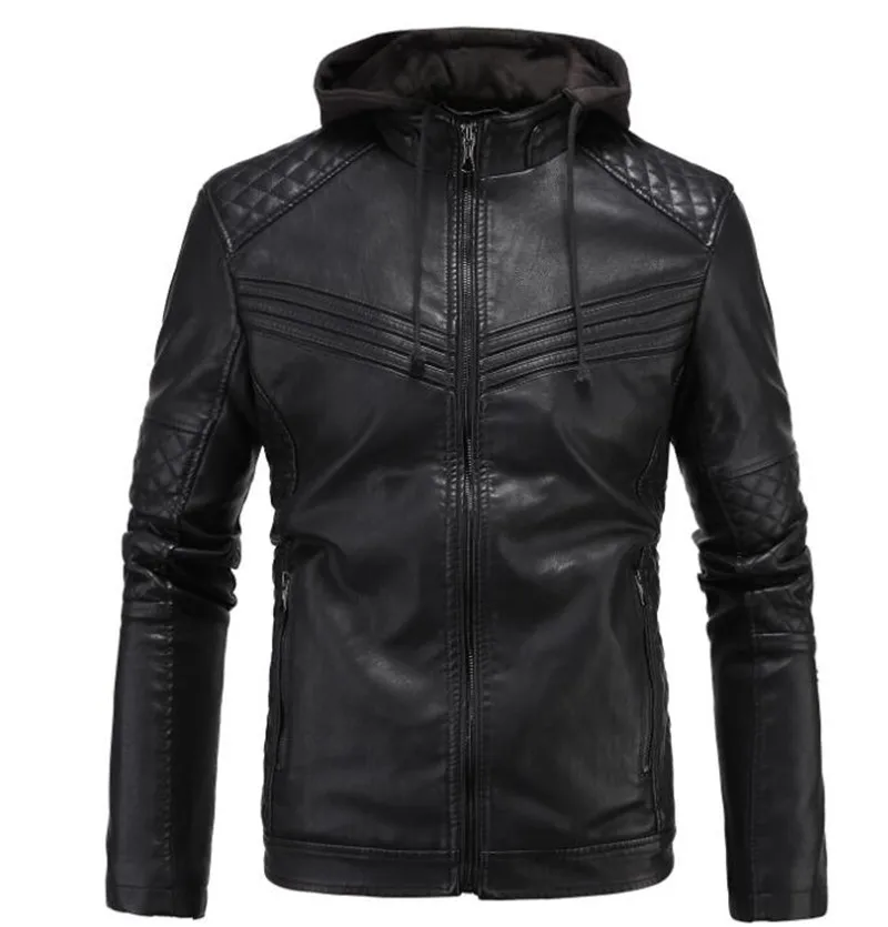 

New Retro Vintage Motorcycle Jacket Mens PU Leather Jackets With Hooded Slim Fit Jackets Biker Clasic Quilted Coats Clothes