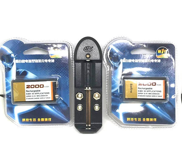 

2PCs/lot Large-capacity 2000mAh 9V rechargeable battery 9 volt Ni-MH battery for Microphone + Universal charger Free shipping