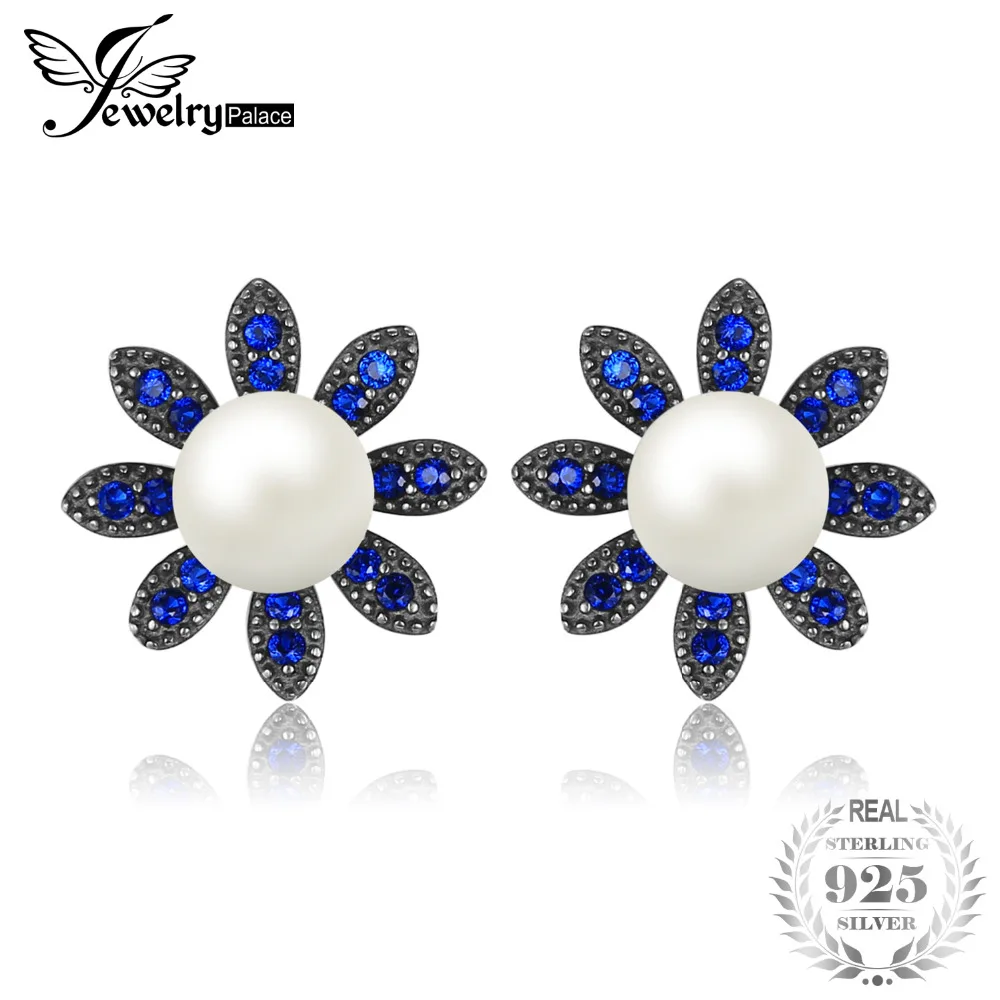 

JewelryPalace Flower 0.35ct Created Blue Spinel Cultured Pearl Studs Earrings Soild 925 Sterling Silver Fine Jewelry Accessories