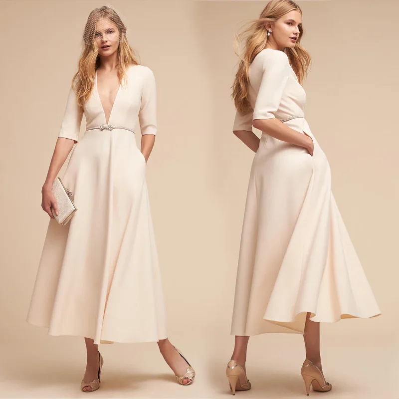 

Elegant Boho Maxi Woman Dress Middle Sleeve Vintage Beach Dresses Pure Color Party Vestido