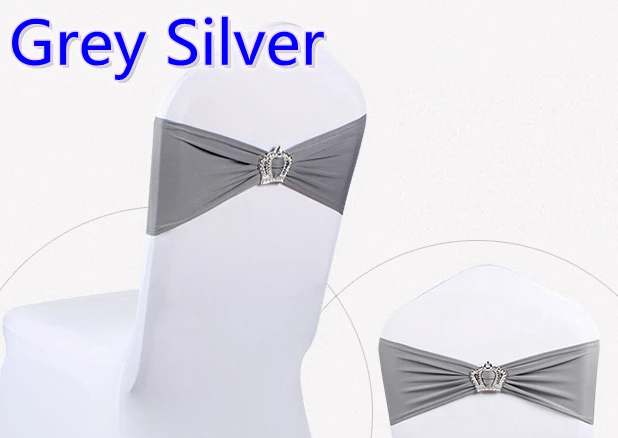 

Grey silver colour Crown buckle lycra sash for wedding chairs decoration spandex band stretch bow tie lycra ribbon belt on sale