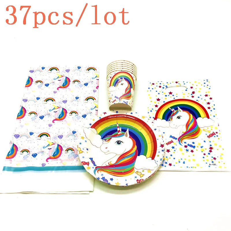 

New 37Pcs Rainbow Unicorn Paper Cup Plate Gift Bag Family Party Tablecloth Child Birthday Party Baby Shower Decoration Supply