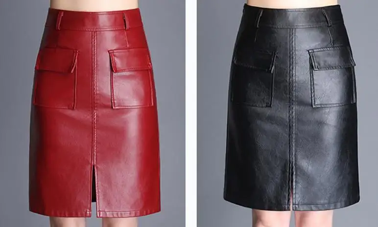 Высокая талия кожаная юбка PU карманы кнопки юбки XXXL размера плюс женская юбка
