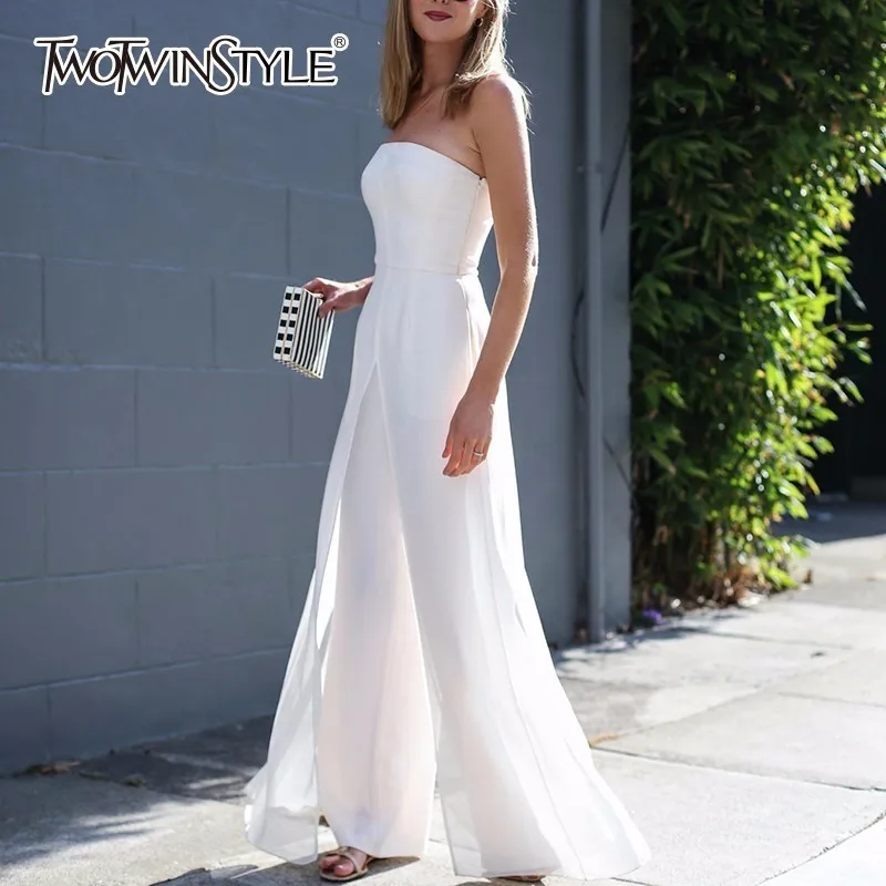 TWOTWINSTYLE Strapless Jumpsuits For Women Chiffon Off Shoulder High Waist Zipper Long Trouser 2020 Spring Fashion Large Size TWOTWINSTYLE Strapless Jumpsuits For Women Chiffon Off Shoulder High Waist Zipper Long Trouser 2020 Spring Fashion Large Size