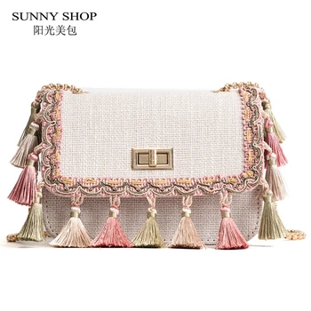 

SUNNY SHOP Boho Fringe Crossbody Bag High Quality Women Fashion 2018 Mini Chain Shoulder Bag Canvas National Fashion Summer Bag