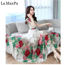 3XL плюс размер платья для женщин Лето Новое поступление Элегантный Круглый воротник принт короткий рукав высокое качество шифон миди платье