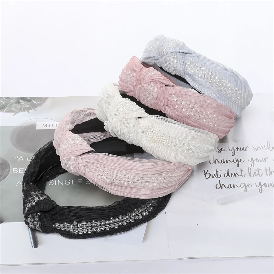 

Haimeikang Korean Style Hairbands White Pearly Mesh Women Hair Hoop Accessories Bowknot Cross Tie Wide Side Fashion Headband