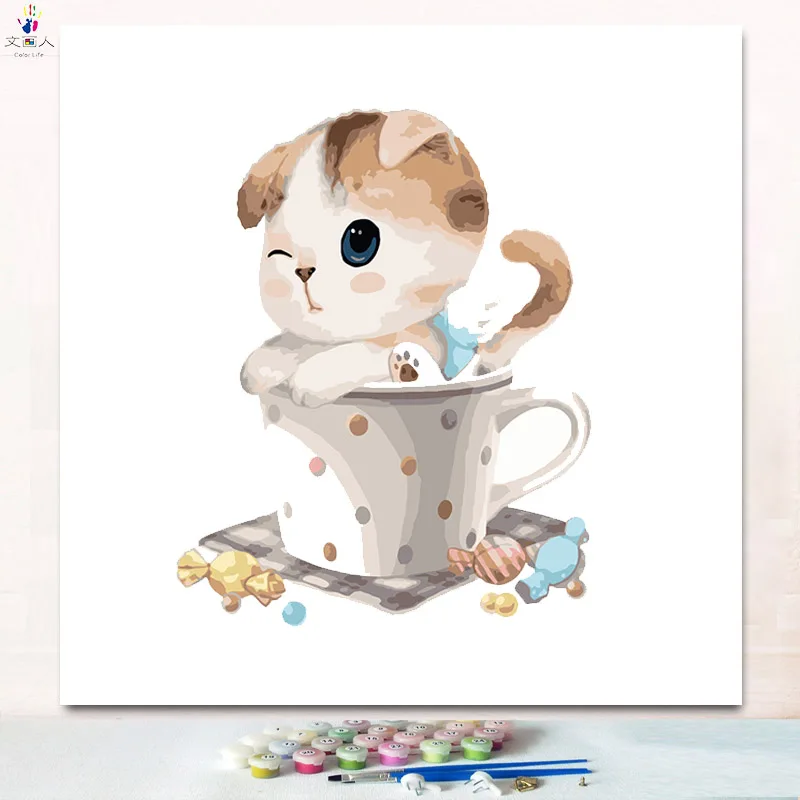Животные Кошки в чашке цифровая картина маслом раскраска Цифры Картины по номерам с цветами и кистью для детей обучения краски - Цвет: 0414 cat16