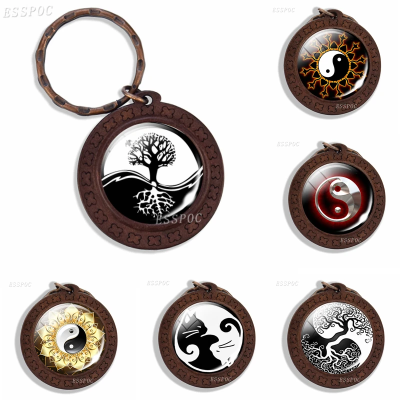 

Yin Yang Tree Glass Cabochon Pendant Keychain Wooden Key Ring Chinese Classic Meditation Jewelry Birthday Gift For Men Women