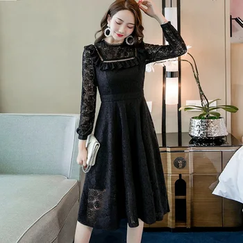 

S-4XL New Sale Autumn Dresses Hollow Out Women Long Sleeve Ruffled Pinched Waist Casual black Lace Long Dress Femininas Vestidos
