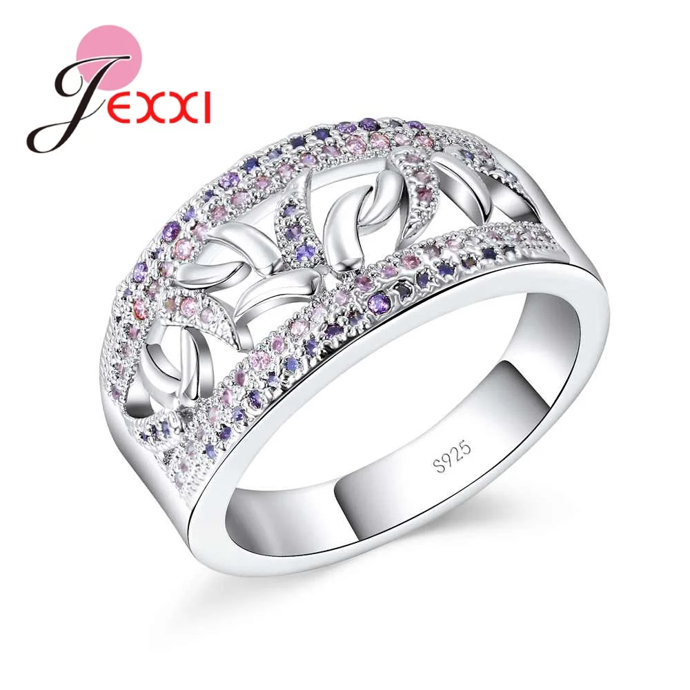 

JEXXI 2018 New Finding Wide Hollow Jewelry 925 Silver Colorful Crystal Ring for Wedding Party Engagement Trendy Ladies Anel