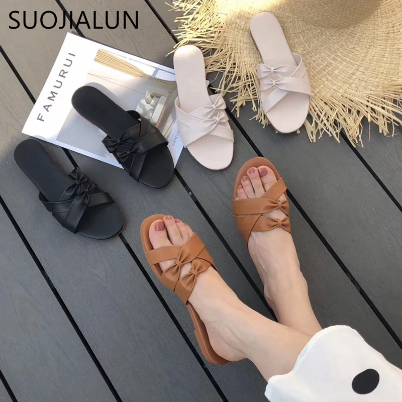 SUOJIALUN/2019 г. модные брендовые женские шлепанцы на плоской подошве без застежек