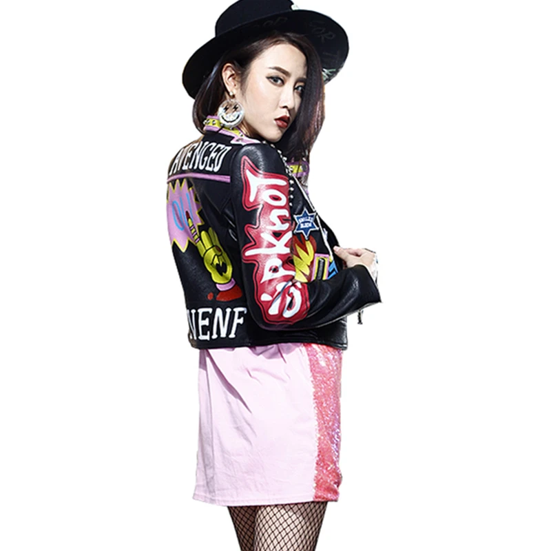 Harajuku Wq176 Femelle Cuir Pu Moto Survêtement Zipper Manteau Femmes En Automne Black Épaulette Rivet Lady Veste Imprimé wO8IZq