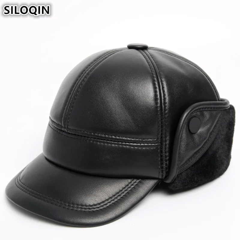 

SILOQIN Winter Earmuffs Hats Men's Genuine Leather Hat Sheepskin Warm Thick Velvet Baseball Caps With Ears New Dad's En Cuir Cap