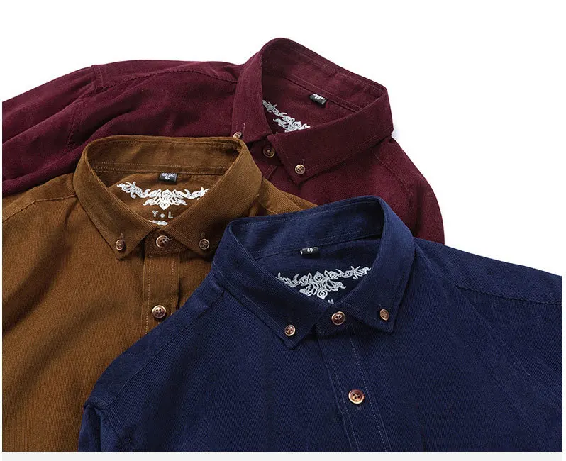Casual Men's Standard-fit Long-Sleeve Corduroy Shirt Cotton Classic Button-Down Silhouette Embroidered Mens Dress Shirts 6001 (5)