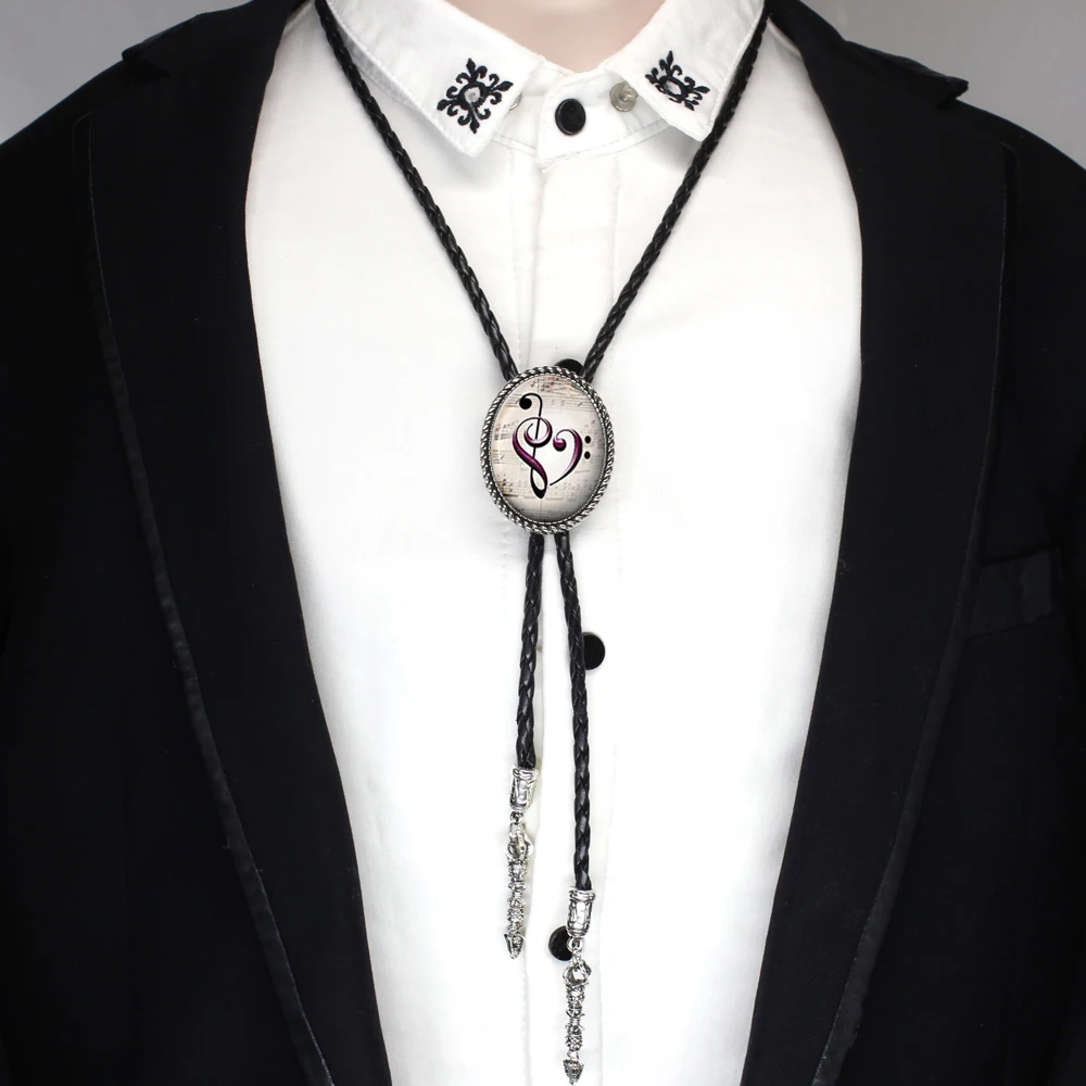 

HZSHINLING Bass Clef Bolo Tie necklace black leather chain Treble and Bass Clef Bolo Tie Glass Jewelry Music Bolo-tie Men Shirt