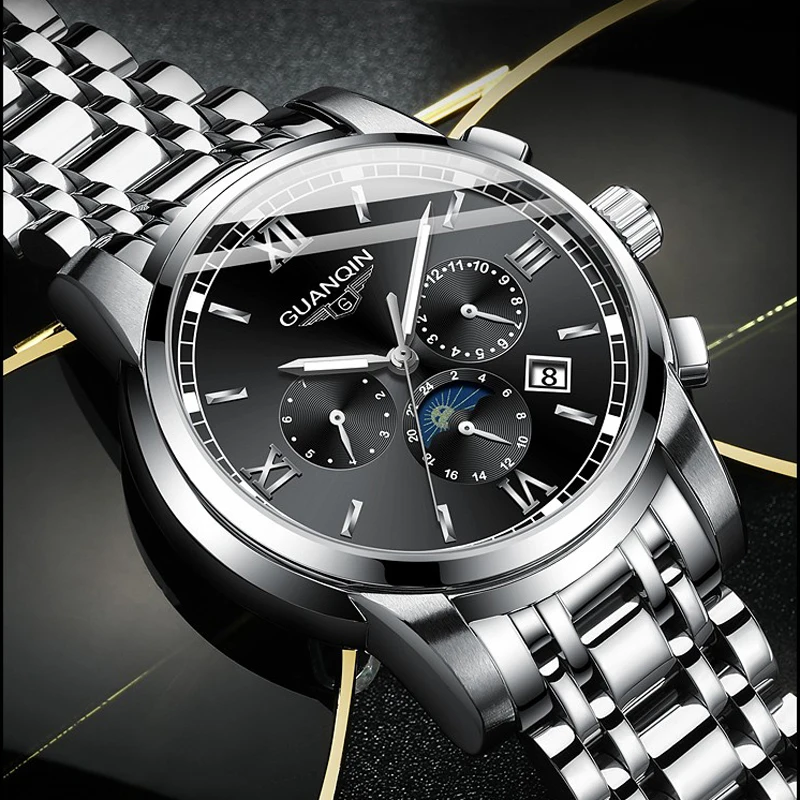 GUANQIN стальные черные мужские автоматические механические часы Модные Бизнес водонепроницаемые часы Moon Phase Relogio Masculino