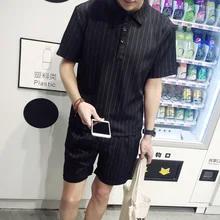 Мужской летний корейский Тонкий короткий костюм полосатая рубашка мужская рубашка из двух частей шорты tide костюмы диджея певца