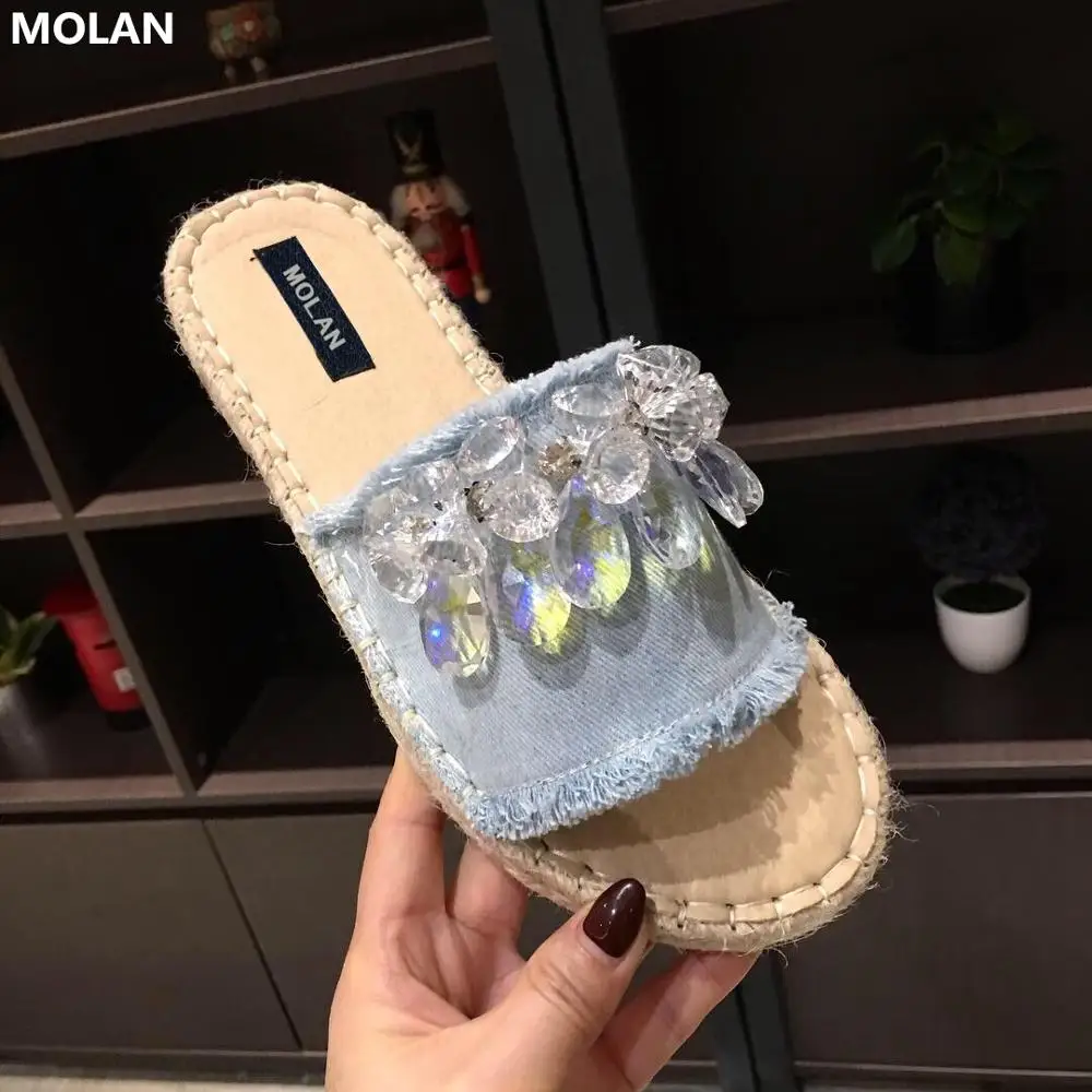 

MOLAN Brand Desingers 2019 Summer Big Crystal Denim Slipper Thick Hemp Bottom Flat Fish Slides Slip On Loafers Mules Flip Flops