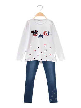 

Knitted round neck sequined + leggings jeans-full long little girl
