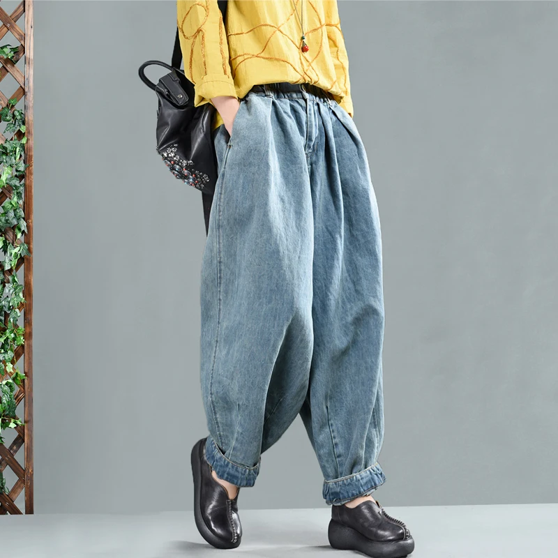 Spring Jeans Women Retro Loose Denim Pants New Ladies Elastic Waist Button pocket Blended Trousers Casual Denim knickerbockers