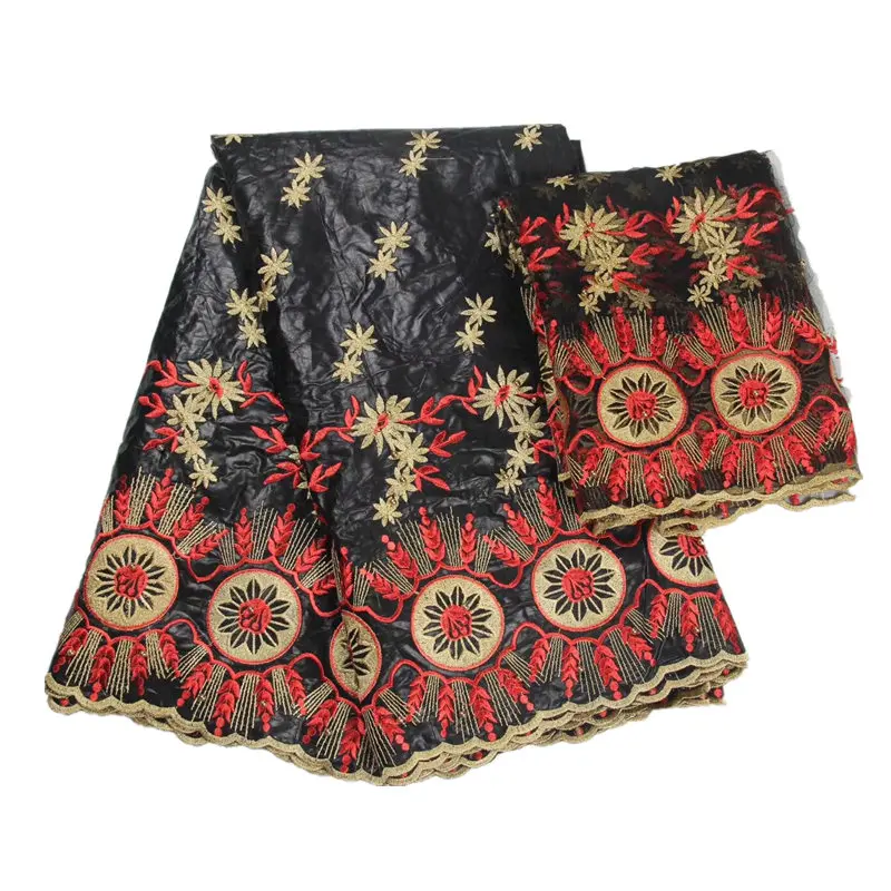 

black African Bazin Riche Getzn fabric with Embroidery lace for dress 5Yard Bazin + 2Yard net fabric -25