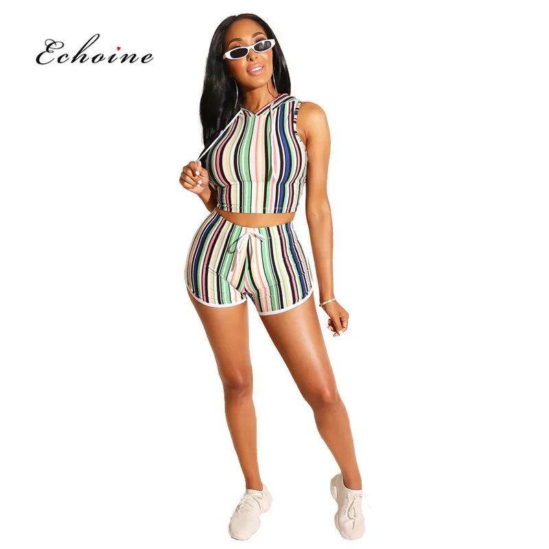 

Echoine Women Two Piece Set Sexy Striped Hooded Collar Crop Tops Short Pants Casual Elastic Sleeveless Sport Suit Street Outfits