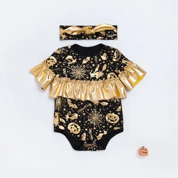 

0-2 year old baby girl summer clothes Fashion Cute Pumpkin print Baby Girl Clothes High Quality Gold Frill Baby rompers+headband