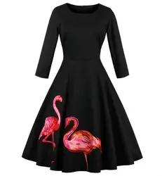 Фламинго печати Вышивка Винтаж Платье 50 s рокабилли осень линия одежды платья для вечеринок feminino Vestidos De Fiesta