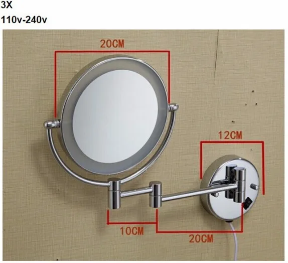 Горячая ванная комната хромированная Настенная 8 дюймов Латунь 3X/1X увеличительное зеркало светодиодный свет складное зеркало для макияжа косметическое зеркало леди подарок
