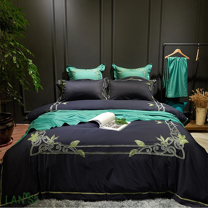 2017 Pastoral Royal Blue 100 Cotton 4pcs Bedding Sets Embroidery