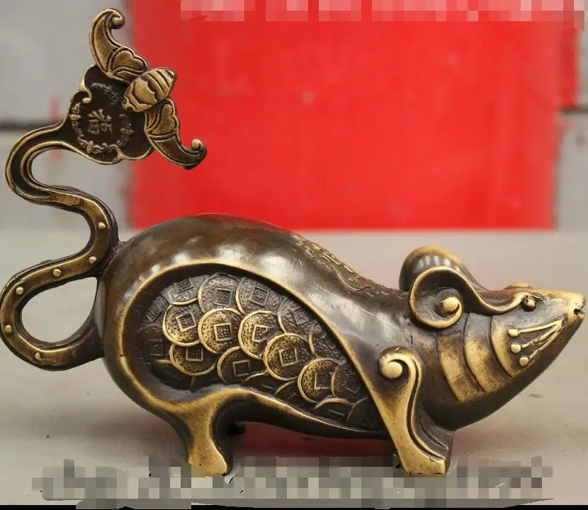 

zhaorui48843293+ +Folk Art Chinese Bronze Year Zodiac Wealth Fu Coin Mouse Statue Sculpture