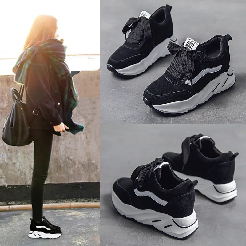 

Lace-Up Casual Fashion Women's Platform Vulcanize Shoes Sewing Concise Breathable Sneakers Solid Winter Med Thick Soled Shoes
