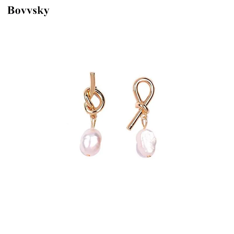 

Bovvsky Metal Gold Knot earrings Geometric Irregular simulated pearl Drop Earrings for Women Girl Party Jewelry accessory
