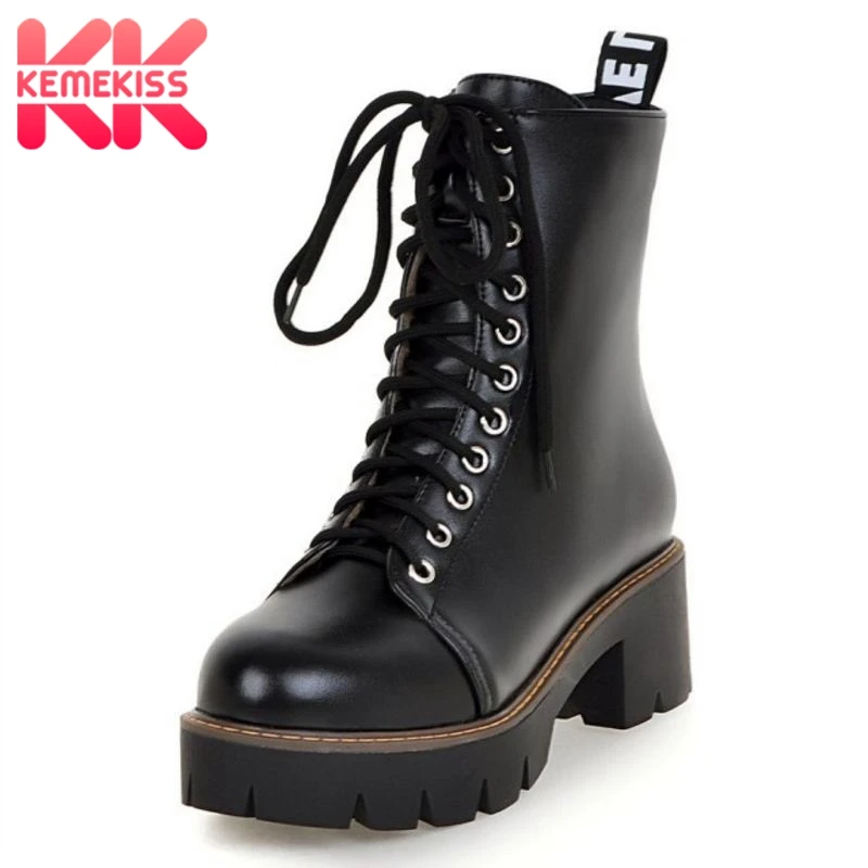 

KemeKiss Size 34-43 Woman High Heel Boots Platform Thick Heels Round Toe Mid Calf Botas Fashion Retro Short Boots Women Shoes