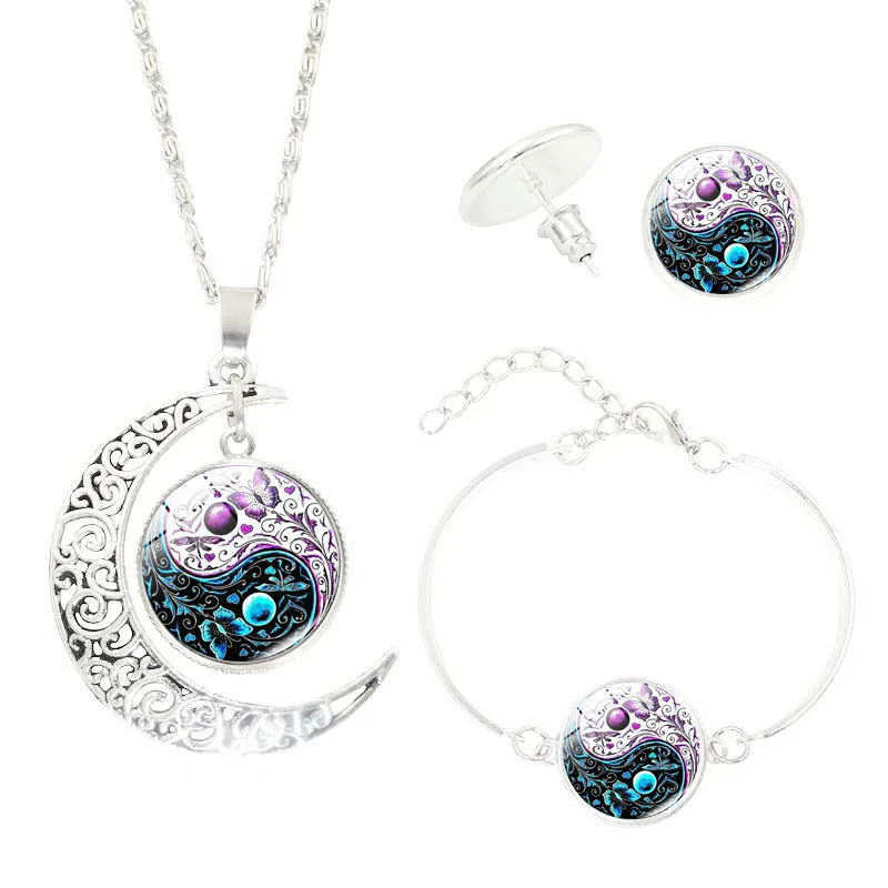 

2019 hot sale Yin and Yang Tai Chi time glass half moon necklace earrings bracelet three-piece