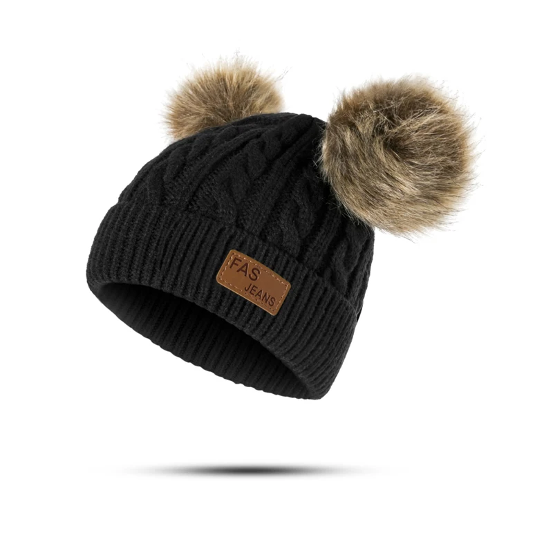 REAKIDS/новая зимняя детская шапка с помпоном; милые вязаные хлопковые теплые шапки для мальчиков и девочек; зимняя модная симпатичная детская шапочка - Цвет: black