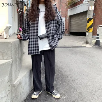 

Shirts Women Korean Style Plaid Loose Retro All Match High Quality Womens Comfortable Trendy Student Leisure Turn-down Collar