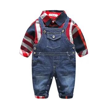

2019 Baby Boys clothing set Gentleman Suits Infant/Newborn Clothes Sets Children 2Pcs denim Suits plaid shirts+baby overalls