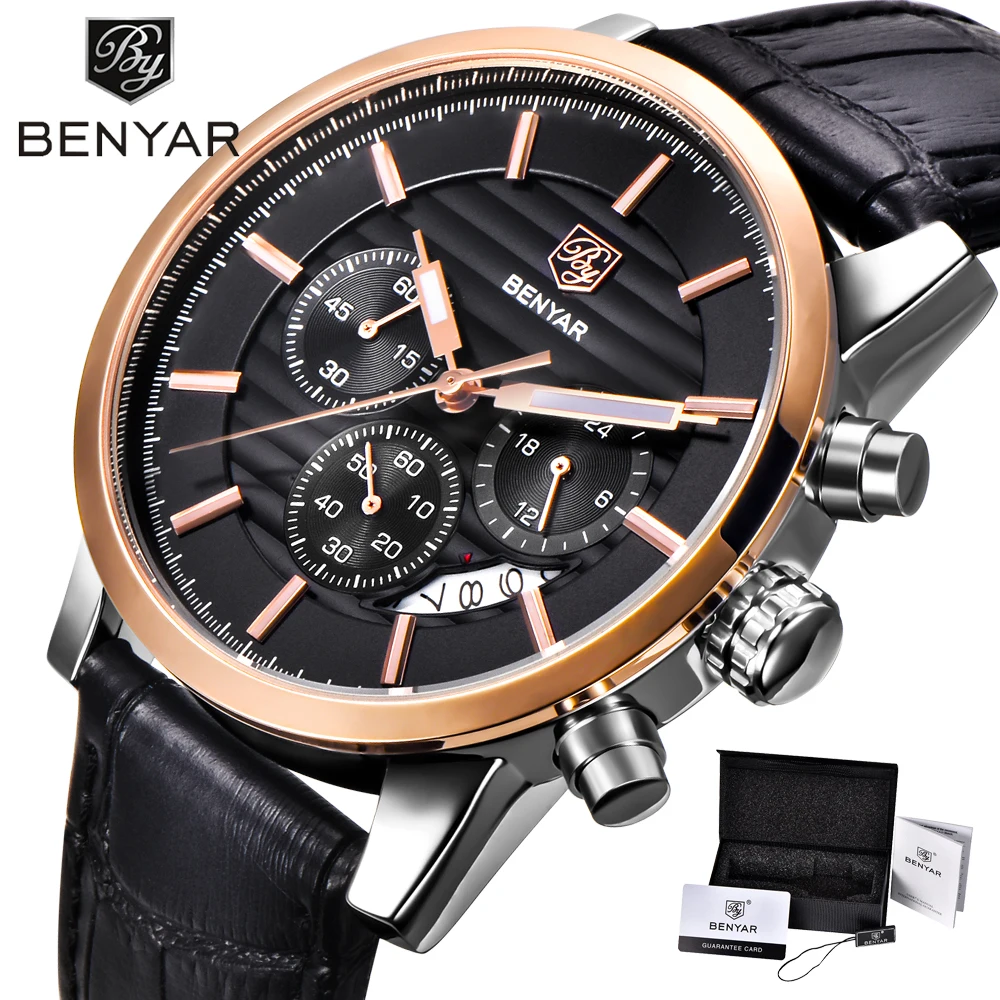 

BENYAR Fashion & Casual Sport Watches Men Leather Military Waterproof Luxury Quartz Gold Watch Male Chronograph reloj hombre