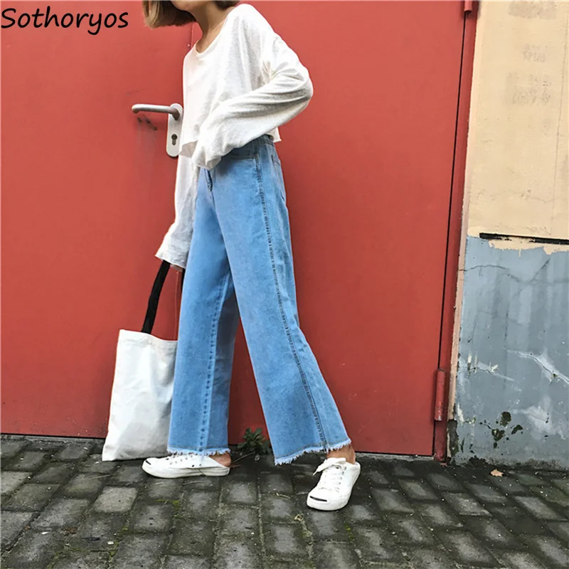 Jeans Women Denim Solid Ankle-Length Zipper Pockets Trendy Womens Wide Leg Pants Korean Style Sweet All-match Loose Leisure Girl