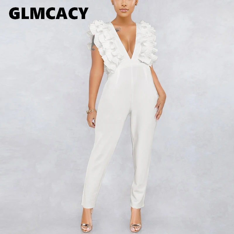 

Women Ruffles Casual V Neck Backless Jumpsuit White Long Overalls Sexy Night Club Party Jumpsuit Elegant OL Workwear Streetwear