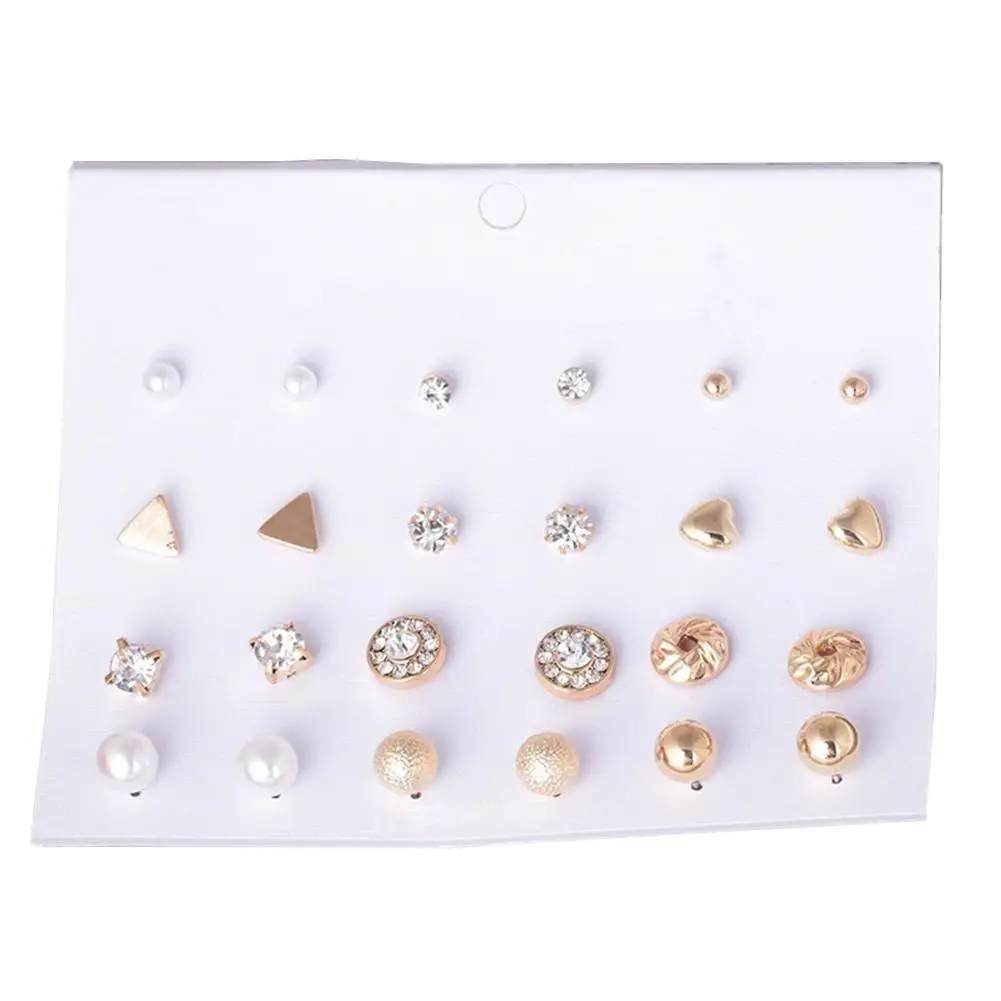 12 Pairs/Set Women Faux Pearl Heart Triangle Ear Studs Fashion Earrings Jewelry women's earrings | Украшения и аксессуары