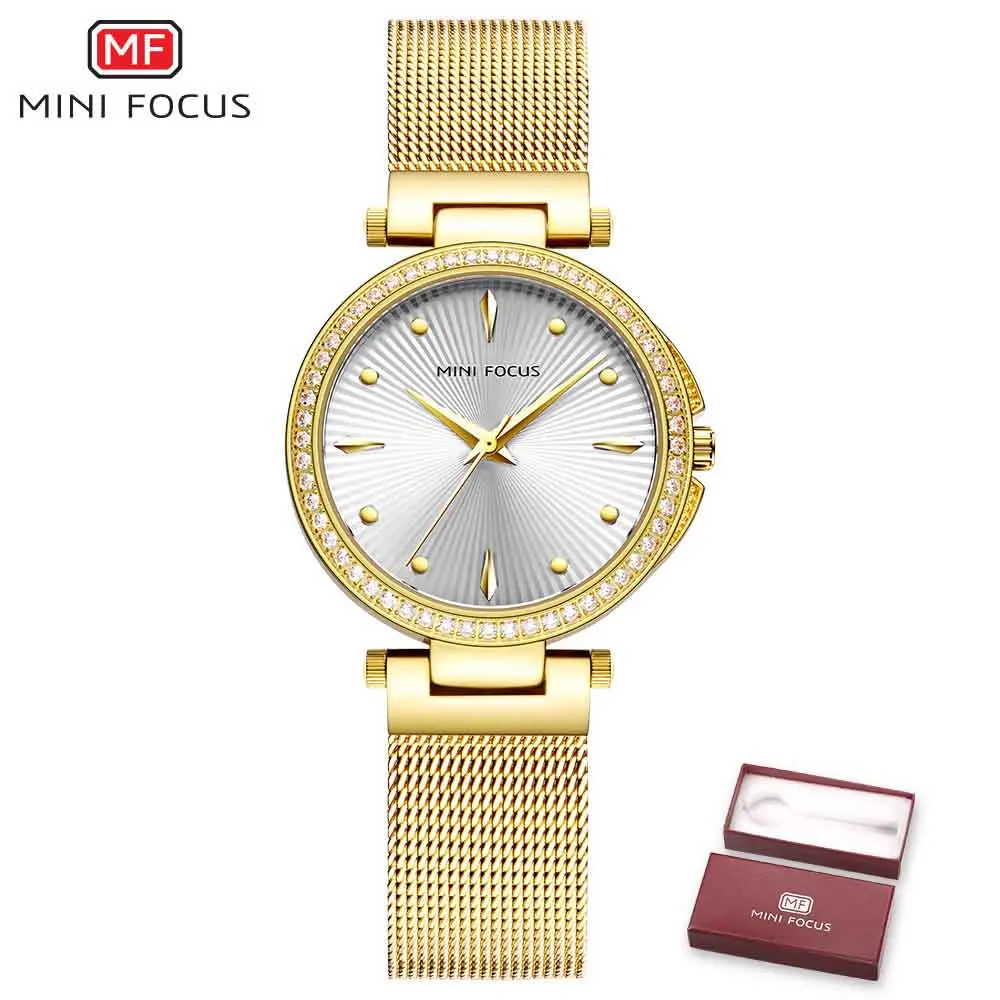 

MINIFOCUS Luxury Brand Crystal Ladies Watch Quartz Gold Clock Woman Wrist Watches Diamond Jewelry Steel 2018 relogio feminino