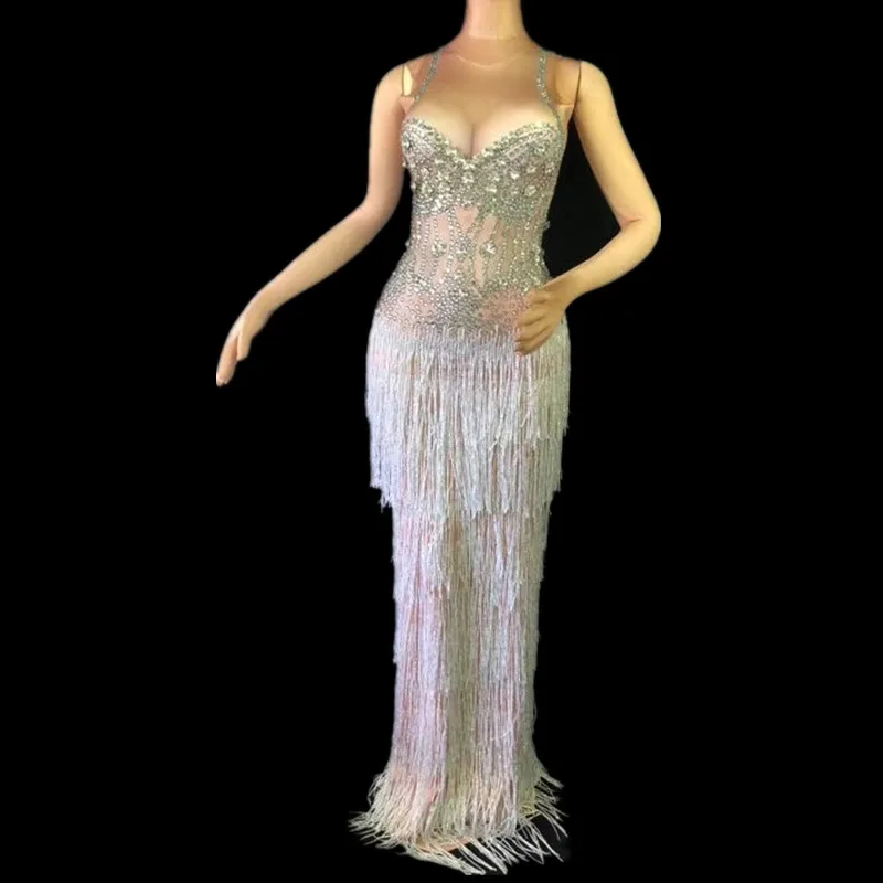 

Evening Party Women Rhinestones Elegnat Dress Sexy Nightclub Dance Stretch Skinny Costumes Dress Fashion Tassels Singer Dress