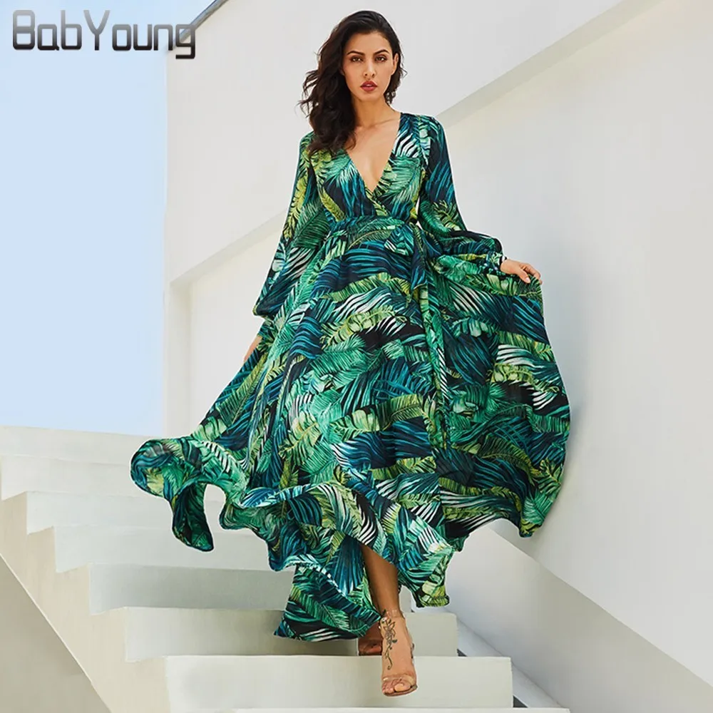 

BabYoung Women Dress Green Leaf Print V-neck Long Sleeve Ankle-Length Vintage Belt Lace Up Maxi Party Chiffon Dresses Plus Size