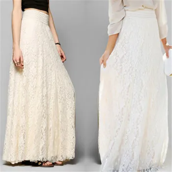 

Fashion Women clothes Double Layer lace Pleated Retro casual Long Maxi Elastic Waist cotton Skirt one pieces