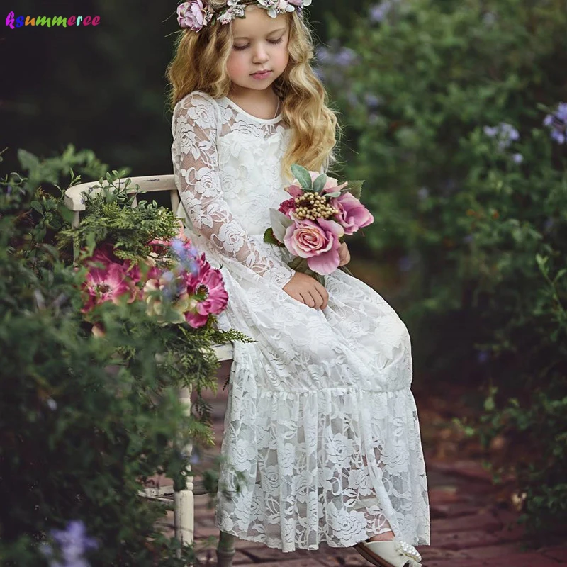 

Little Girl Princess Wedding Lace Long Dress with Big Bow Baby Flower Party Communion Clothes Children Gown Formal Dress