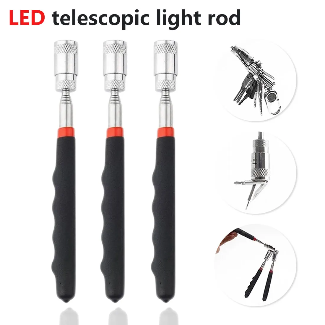 

Adjustable Length Magnetic Pick Up Rod With LED Light Stick Extending Magnet Portable Telescopic Easy Rod Handheld Tool Black